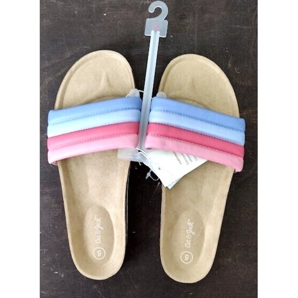 Cat Jack Kids Girls Slide Sandals Size 5 Rainbow Striped Padded Slip On Shoes